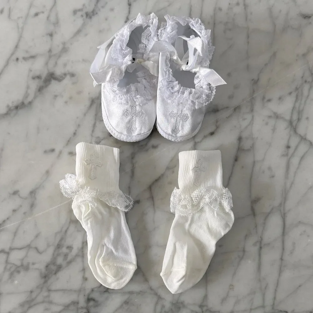 White Lace Baby Shoes Ruffle Socks Set Christening Baptism 6-9Mo